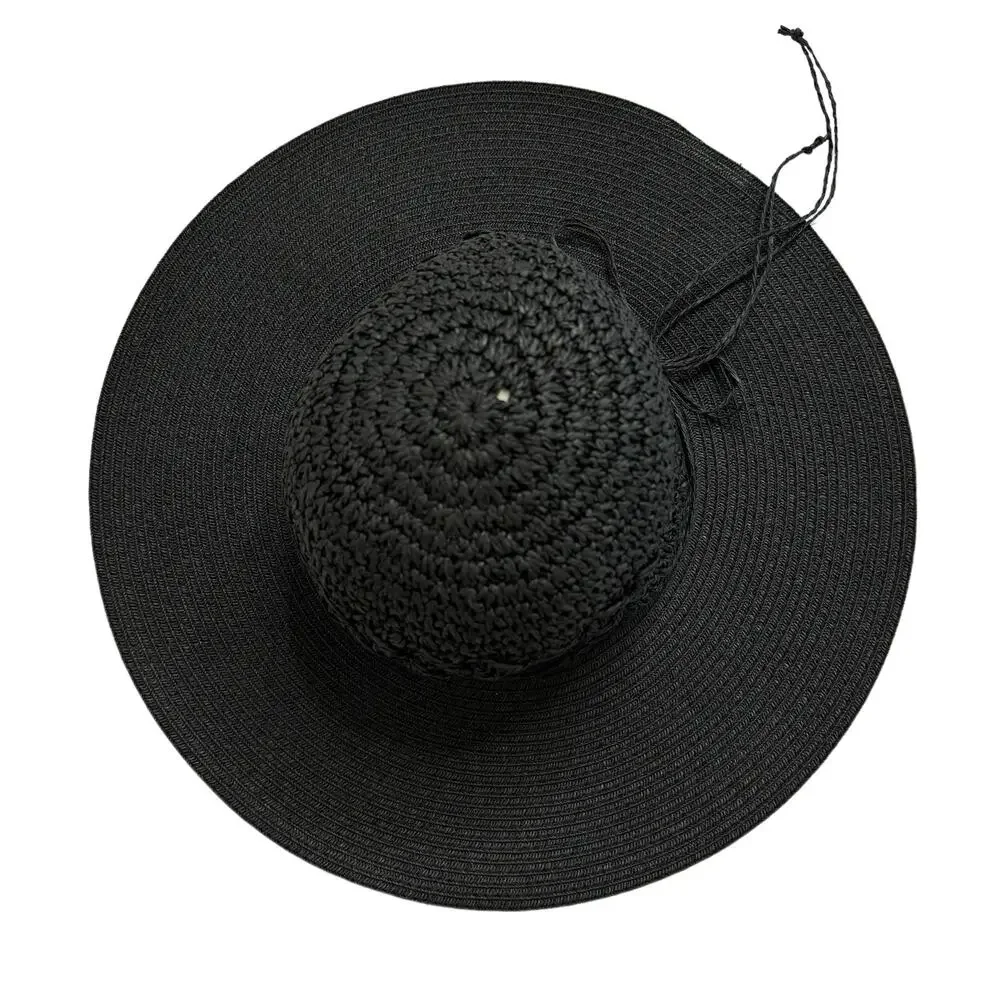 JONES NEW YORK Black Paper Straw Hat One Size Crochet Boho Wide Brim
